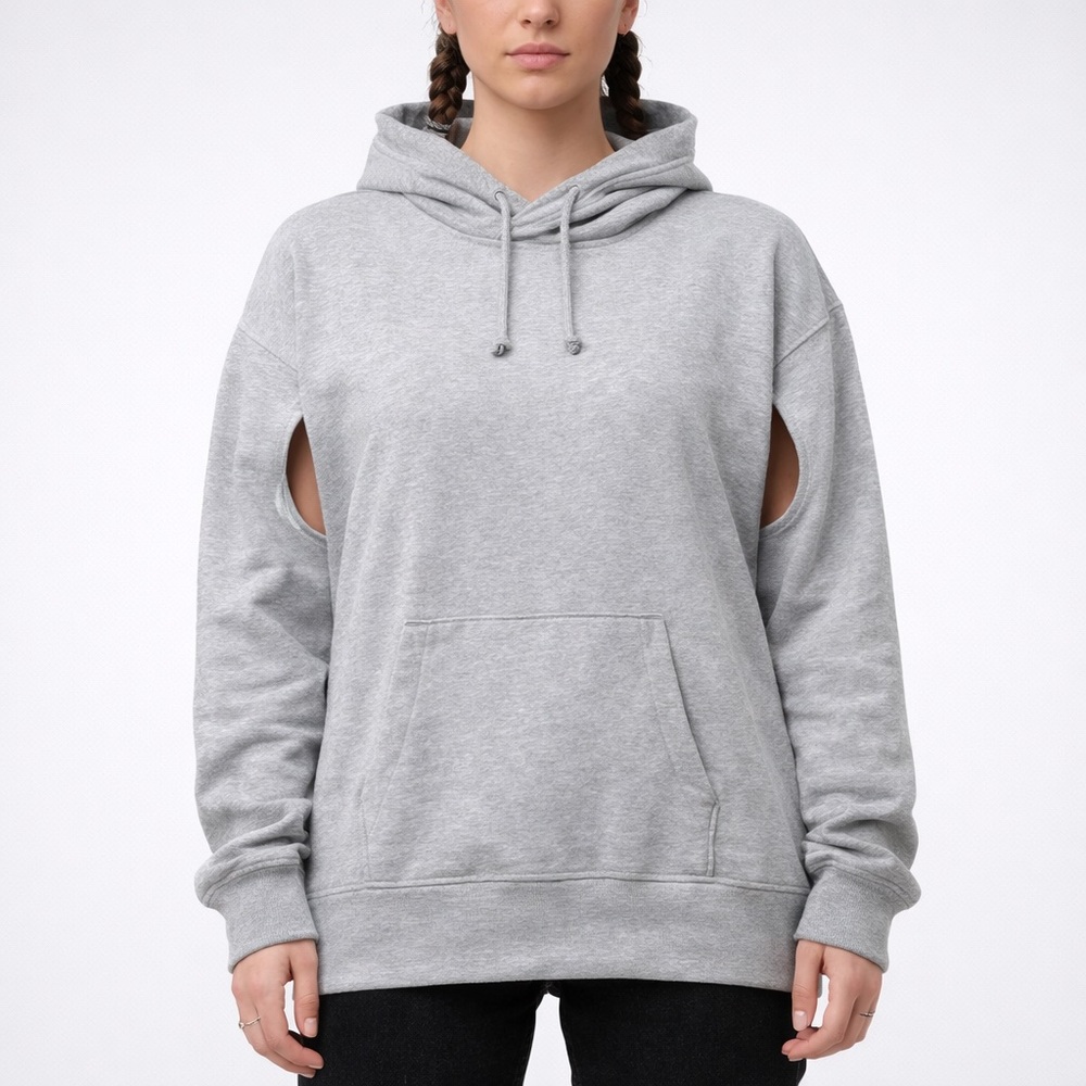 GSTQ Gray Cut-Out Sleeve Hoodie M 100% Cotton Streetwear Edgy Pullover